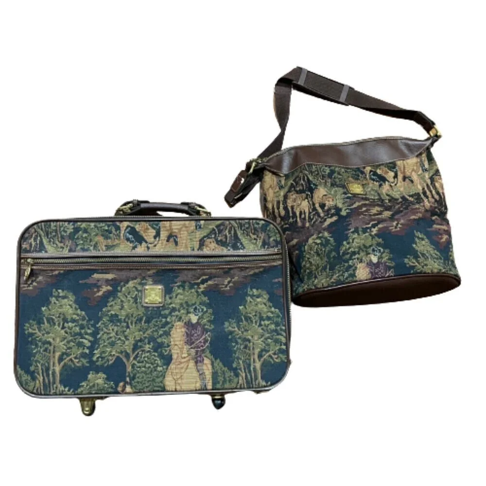 Capezio Collection VTG Fox Hunt Brown Leather Tapestry Travel Luggage Set